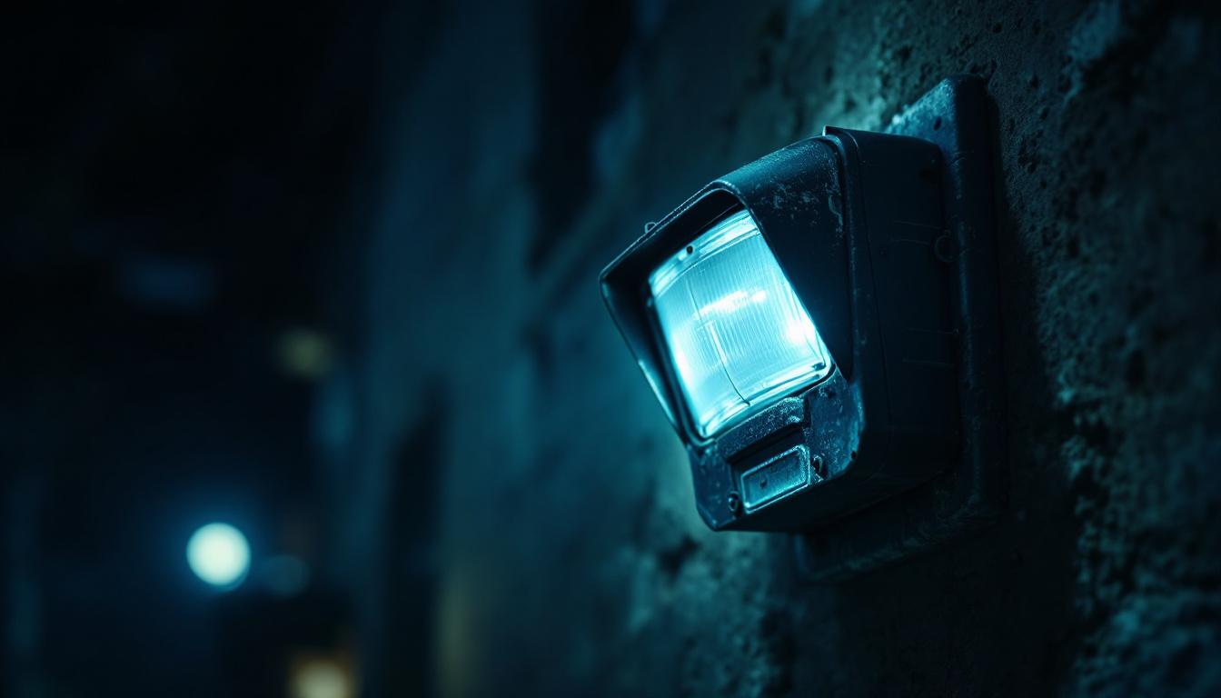 A photograph of capture a photograph of an old motion sensor light installed in a dimly lit outdoor setting