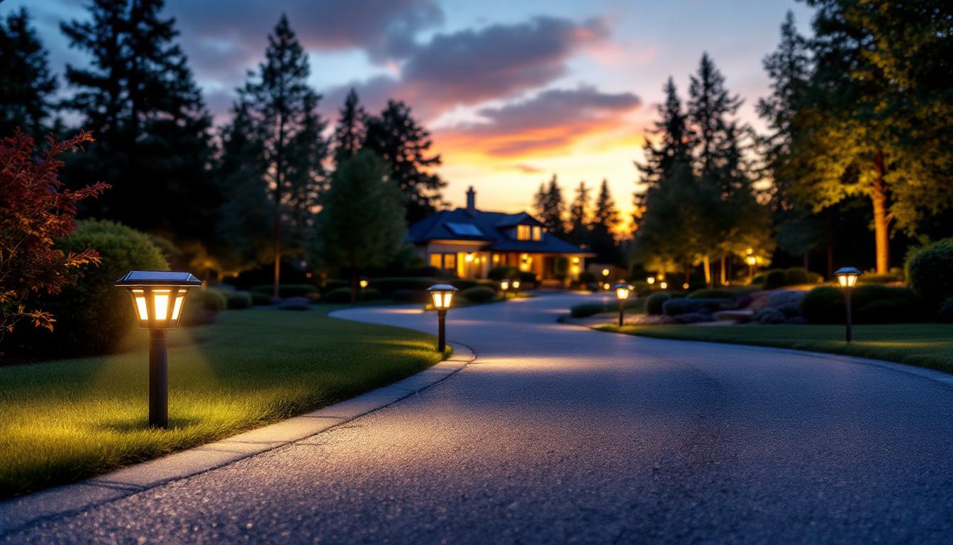 A photograph of a beautifully illuminated driveway at dusk