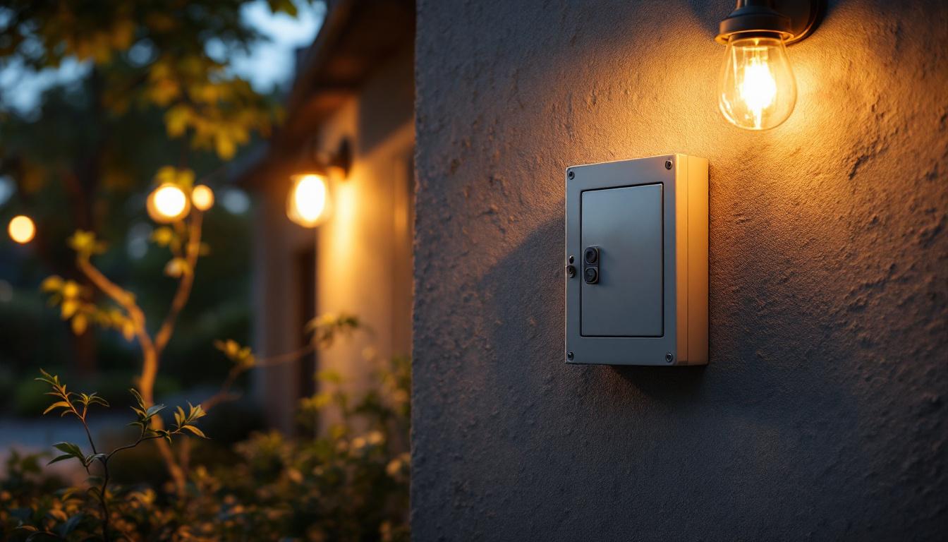 A photograph of a well-installed exterior wall electrical box integrated into a beautifully lit outdoor setting