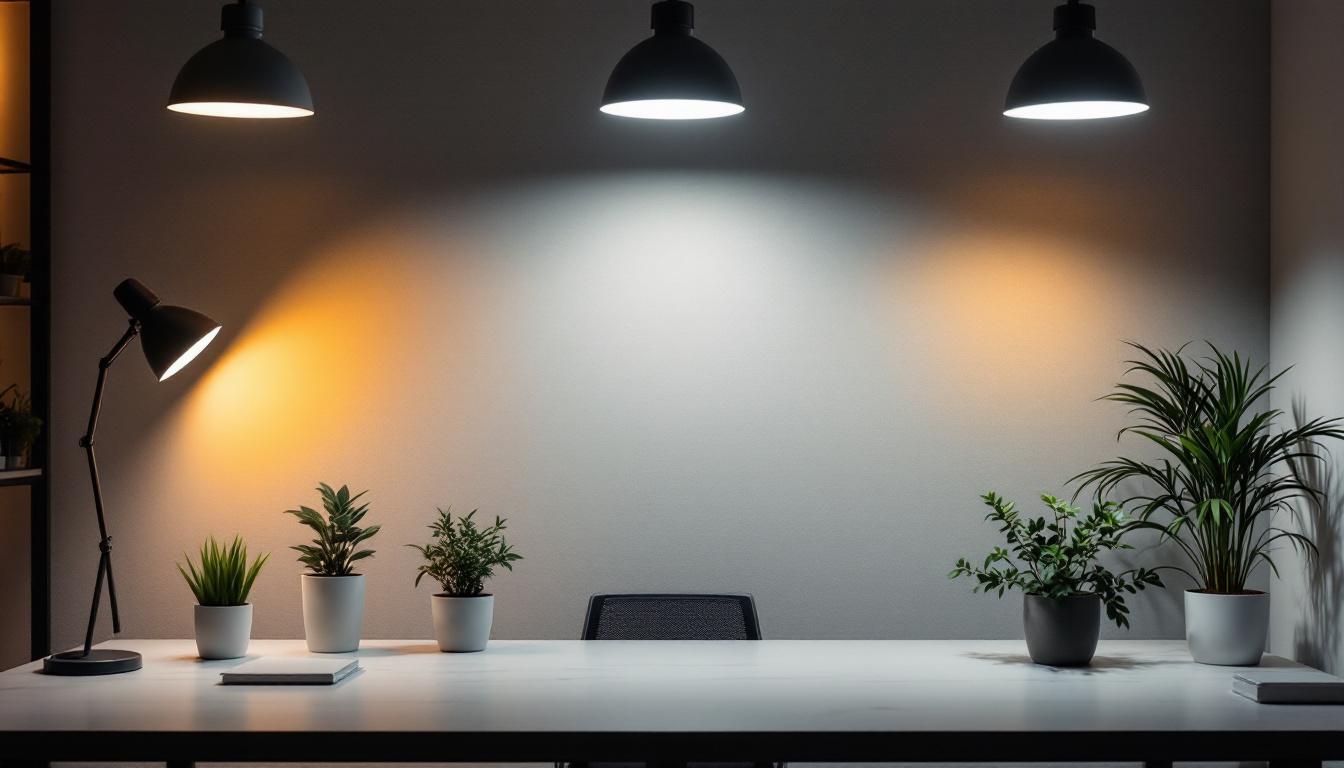 A photograph of a well-lit modern workspace featuring various led pot lights installed in different settings