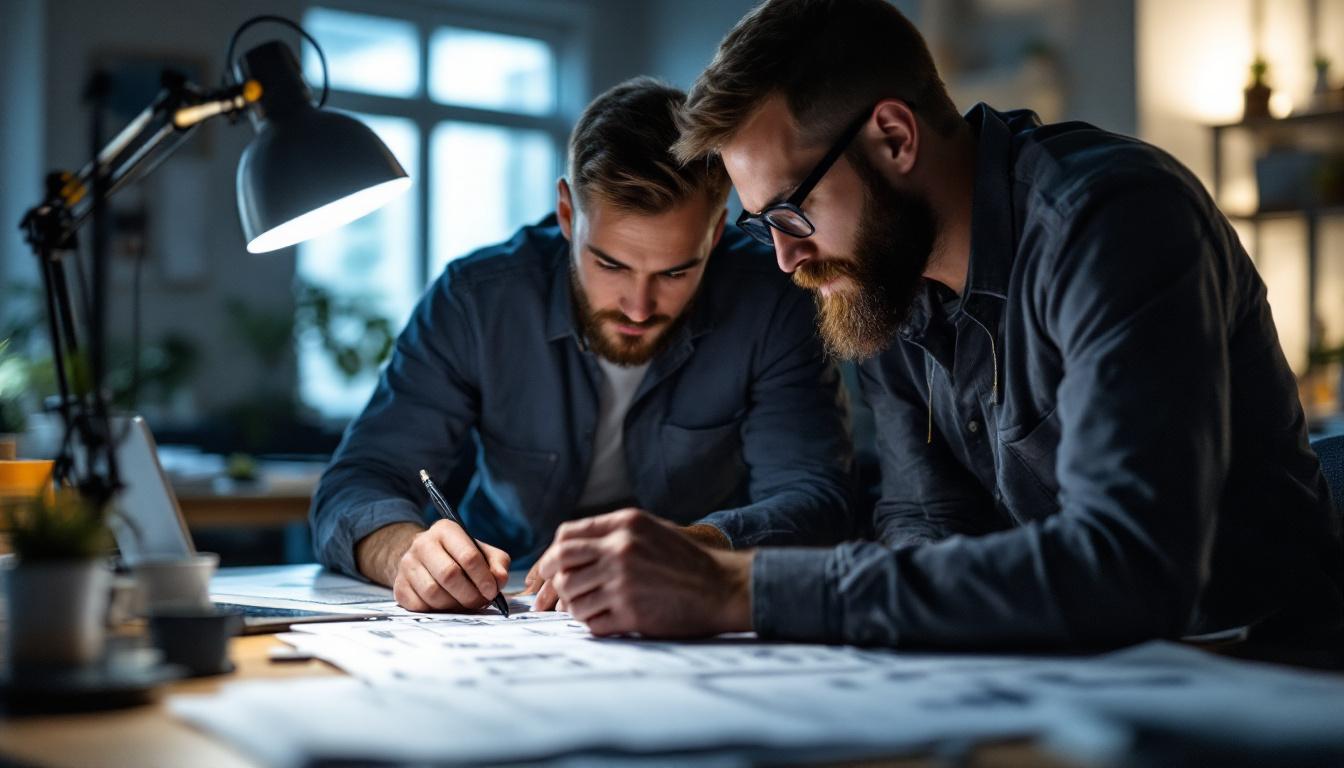 A photograph of a well-lit engineering workspace showcasing electrical engineers collaborating on a lighting project
