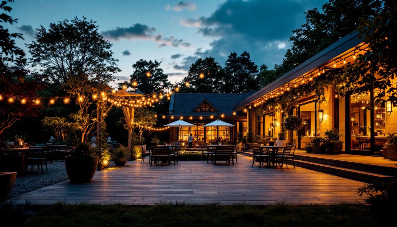A photograph of a beautifully illuminated outdoor space at dusk