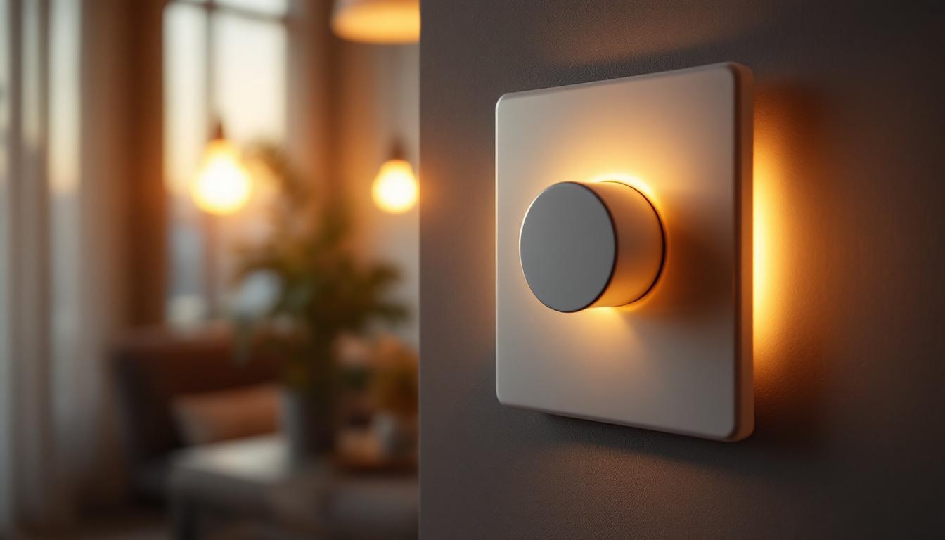 A photograph of a stylish light dimmer switch installed in a modern home setting