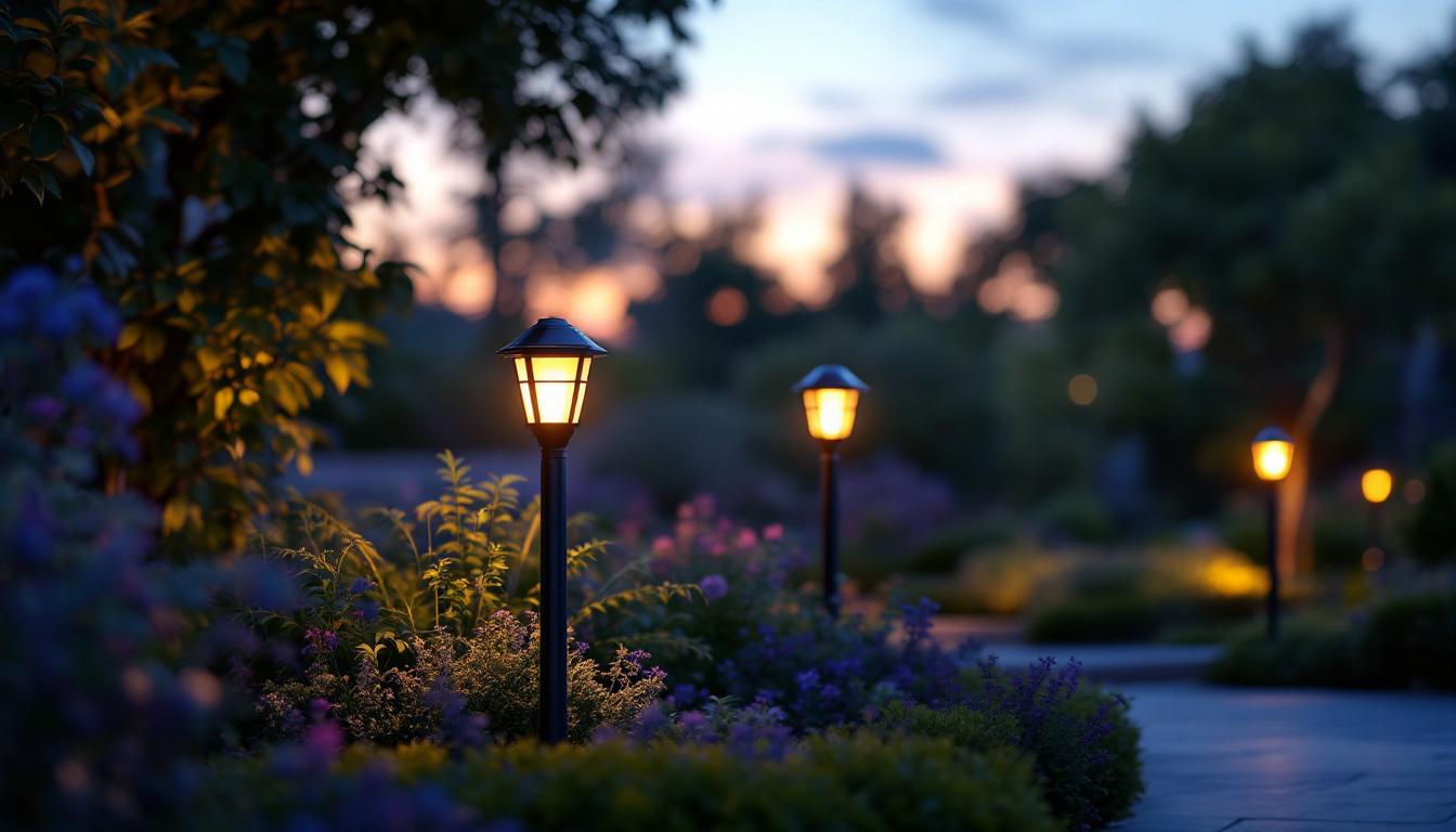 A photograph of a beautifully illuminated outdoor space featuring solar-powered post lights in a serene garden setting during twilight