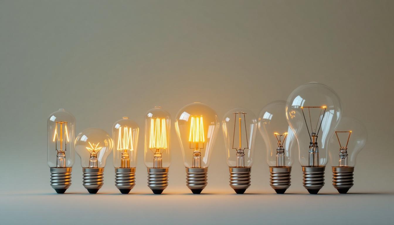 A photograph of a variety of light bulbs with different base sizes arranged aesthetically on a clean