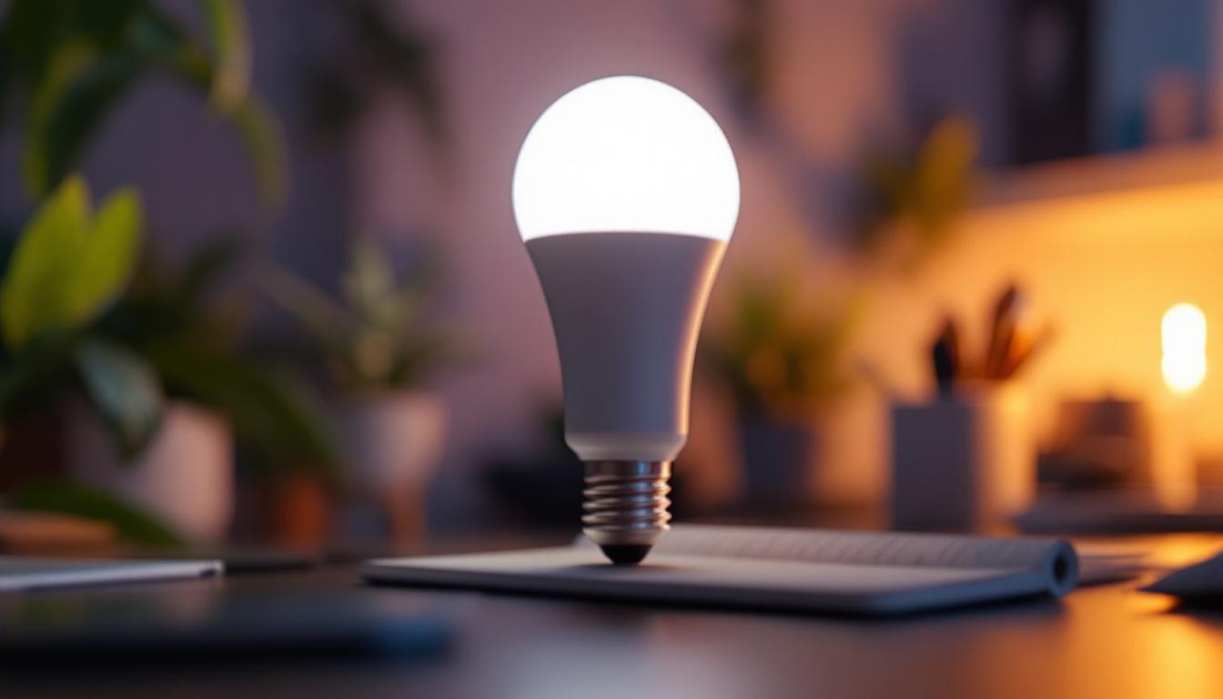 A photograph of a close-up view of a modern led light bulb illuminating a creative workspace
