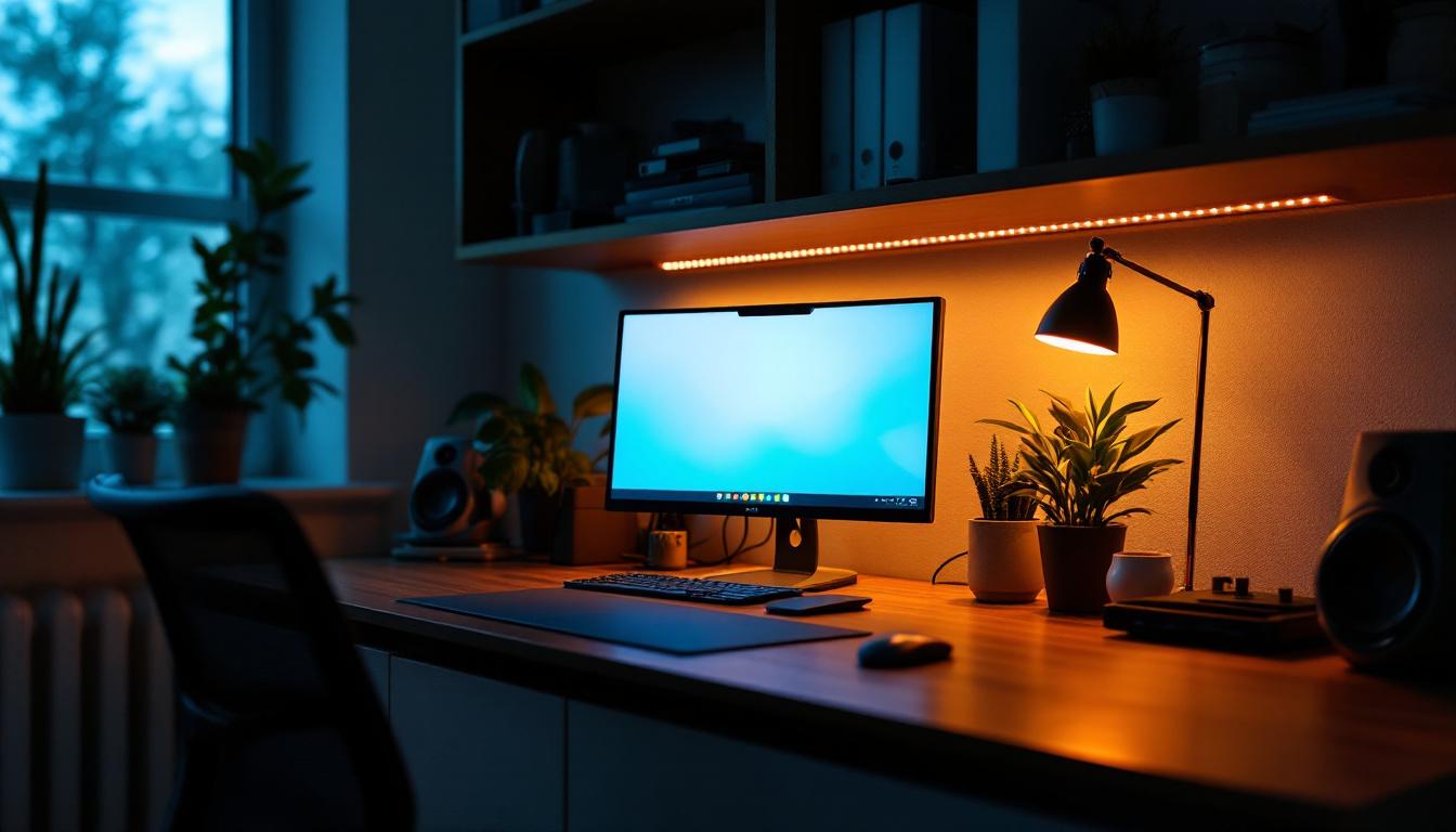 A photograph of a stylish under cabinet desk setup illuminated by warm