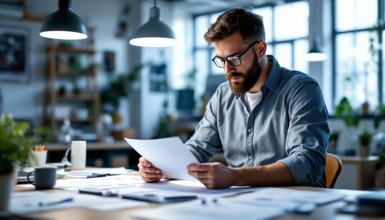 A photograph of an engineer reviewing lighting compliance standards in a well-lit workspace