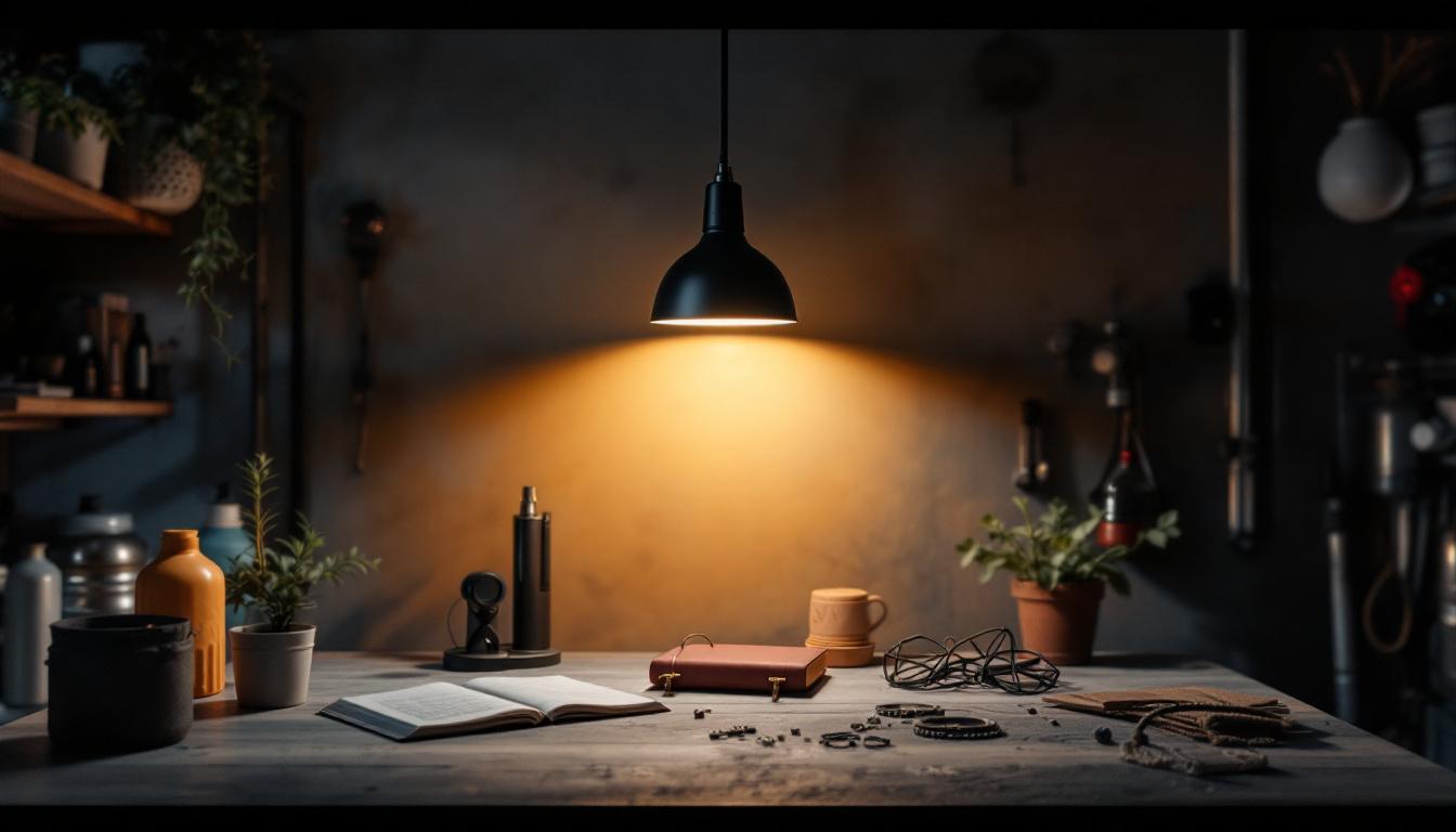 A photograph of a stylish gooseneck light illuminating a garage space