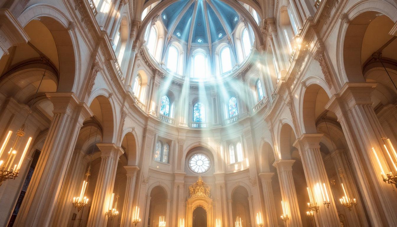 A photograph of capture a photograph of a beautifully lit cathedral interior showcasing the grandeur of the ceiling