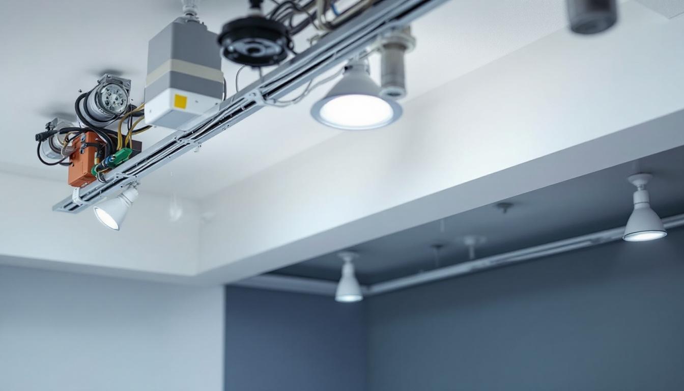 A photograph of a well-lit interior space showcasing a detailed drop ceiling soffit with visible electrical components and fixtures