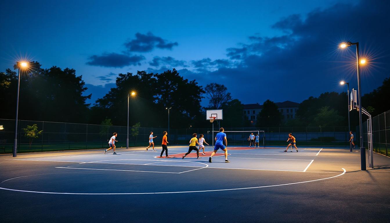 A photograph of a well-lit outdoor sports court at dusk