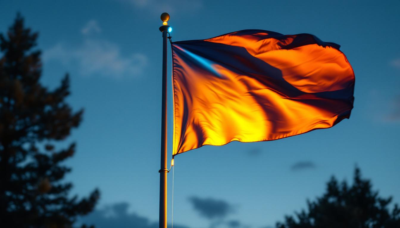A photograph of a well-lit flagpole at dusk