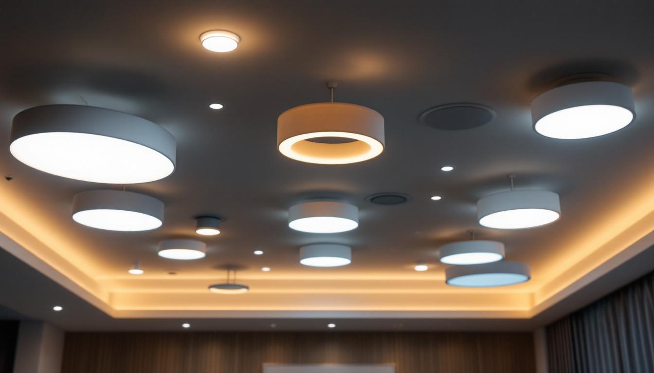 A photograph of a well-lit modern ceiling featuring various types of led lights
