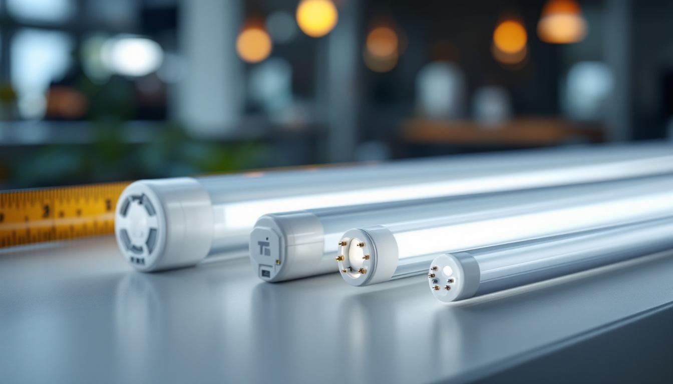 A photograph of a close-up shot of various t5 lamp sizes displayed alongside a ruler or measuring tape