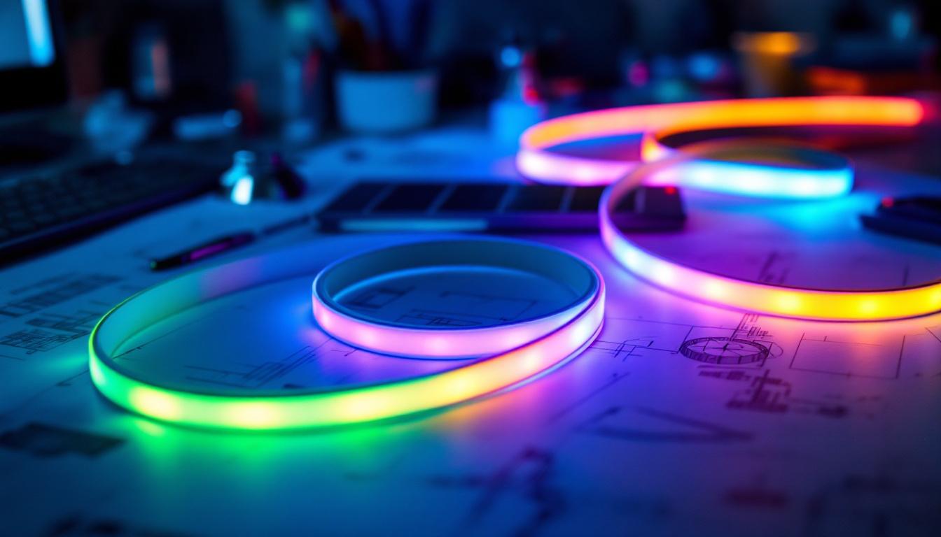 A photograph of a close-up of vibrant solar tape lights illuminating a modern engineering workspace