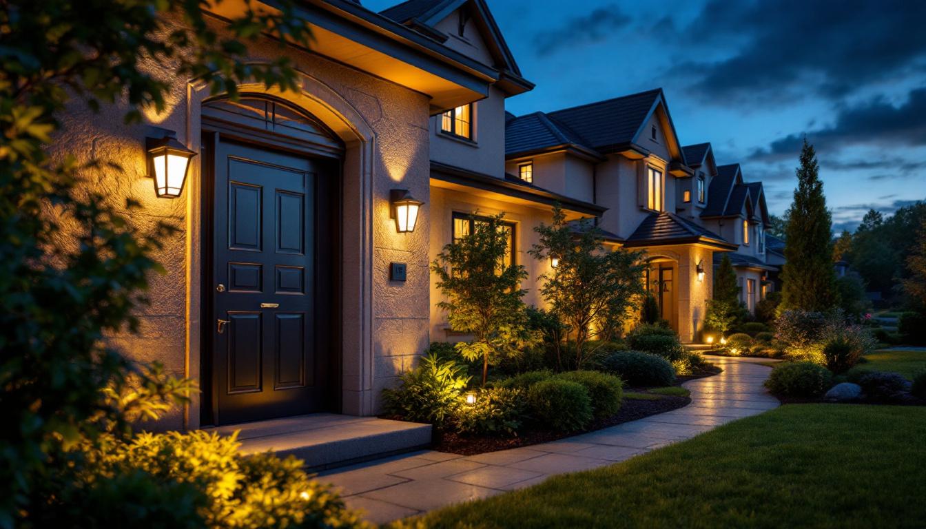 A photograph of a well-lit residential exterior at dusk