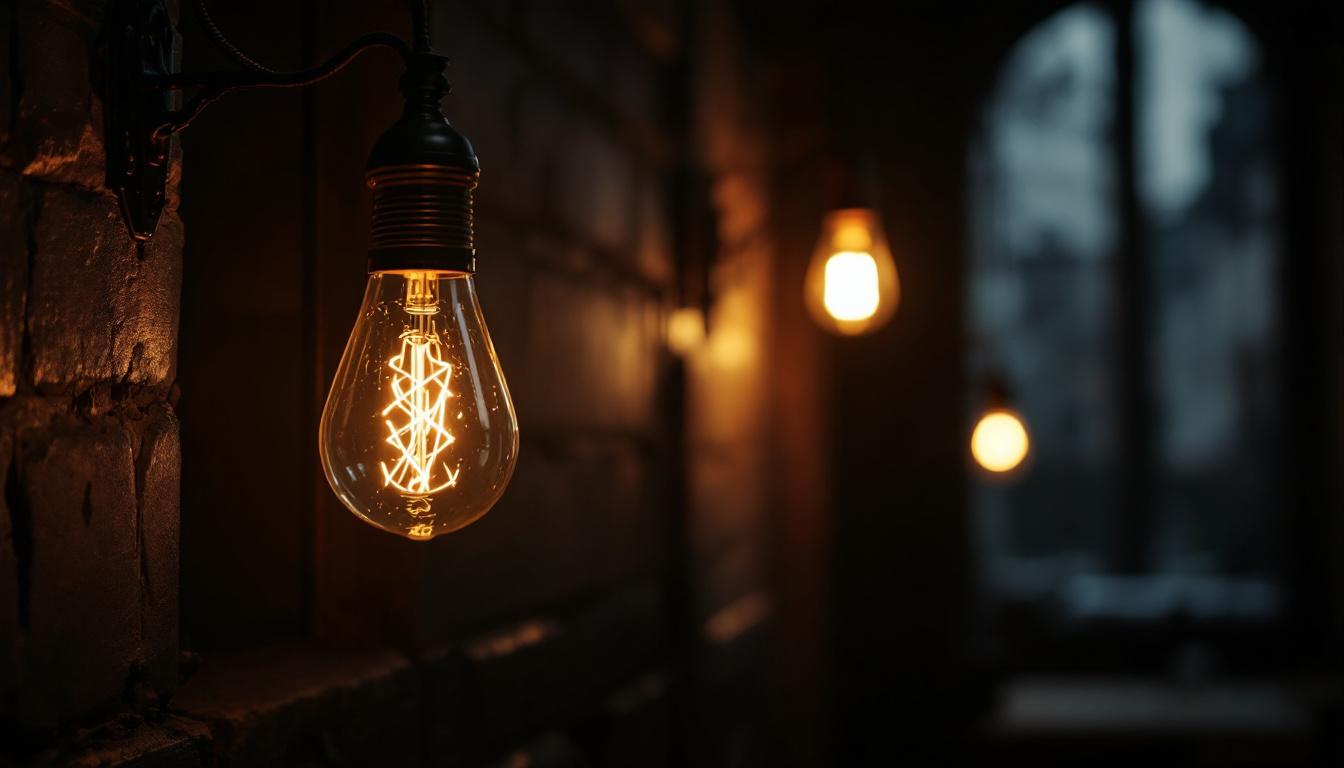 A photograph of a vintage electric gas light fixture in a dimly lit setting