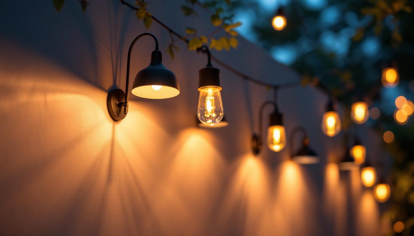 A photograph of a beautifully illuminated outdoor space featuring an array of stylish outdoor lights
