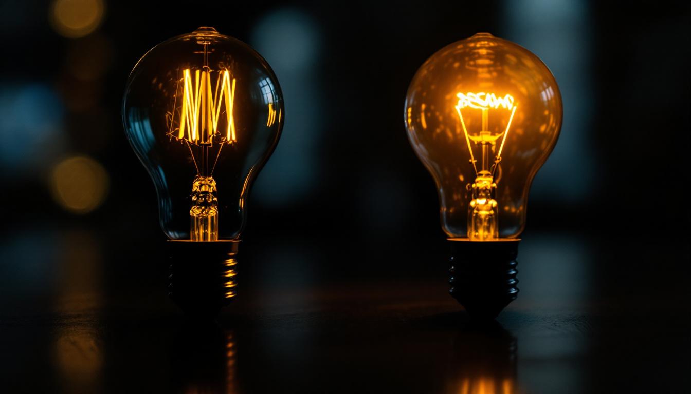 A photograph of a vintage fluorescent bulb alongside a modern led bulb