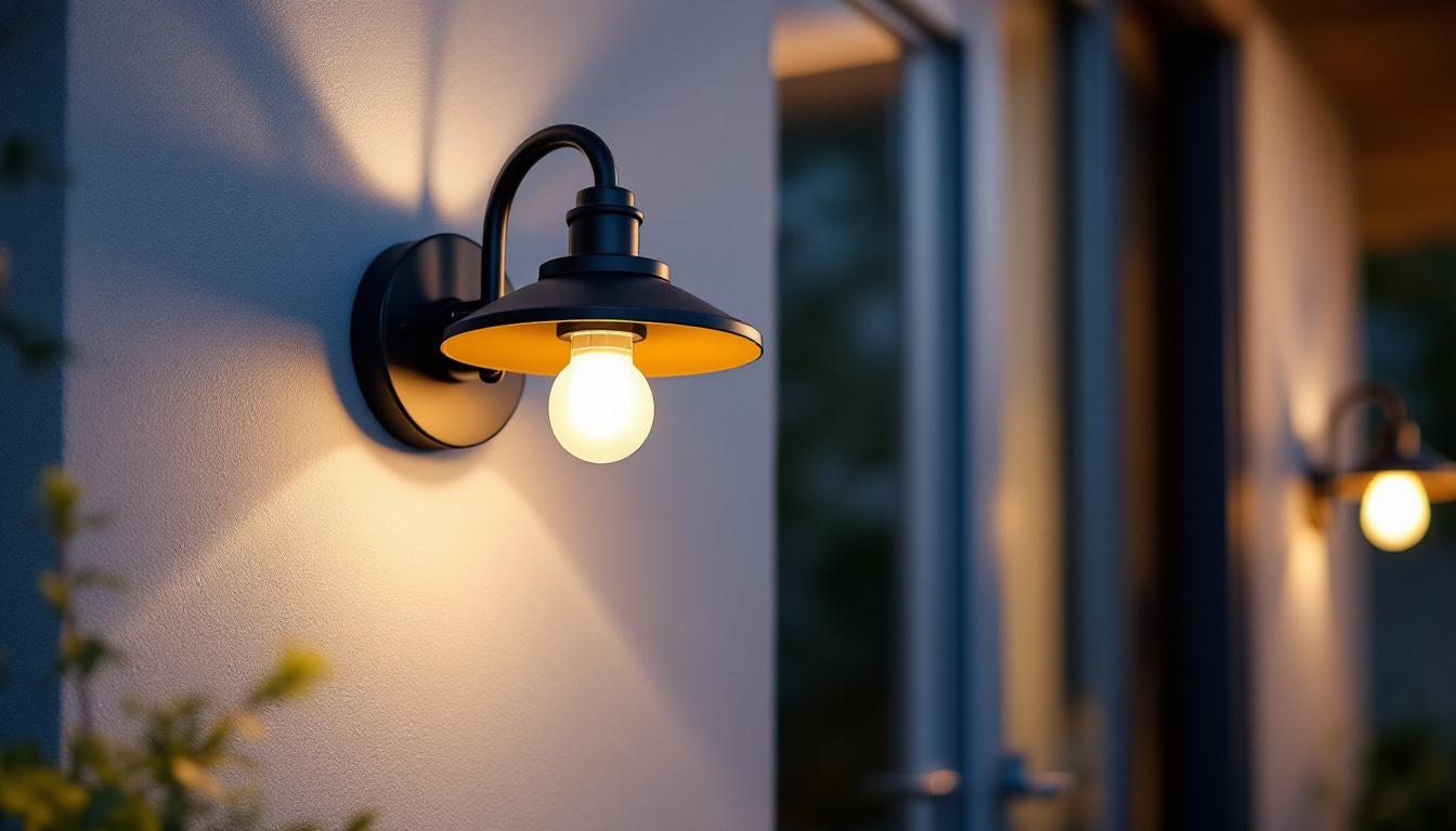 A photograph of a beautifully illuminated exterior sconce light fixture mounted on a stylish outdoor wall