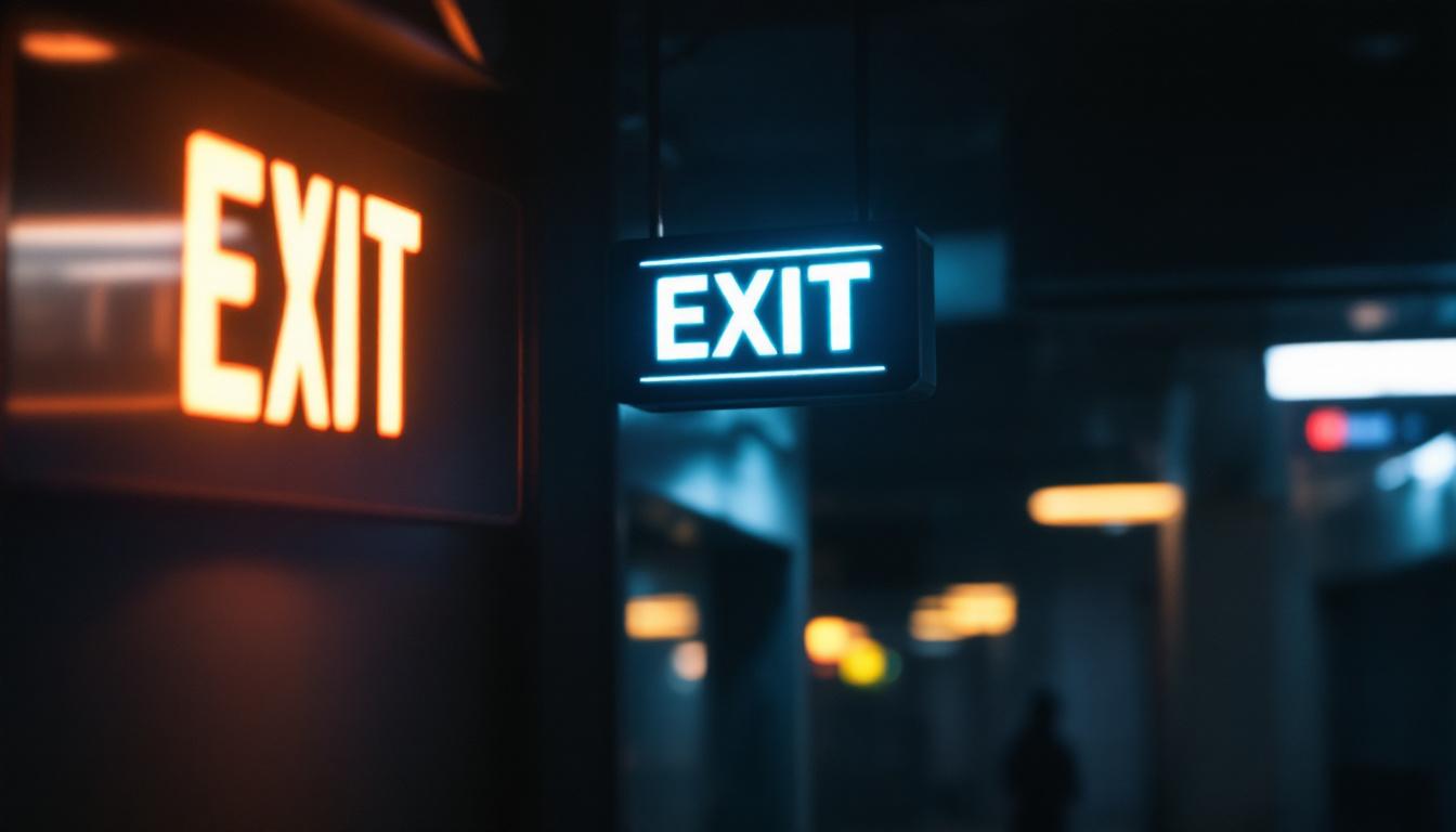 A photograph of a well-lit exit sign in a dimly lit environment