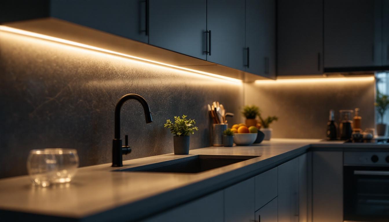 A photograph of a beautifully designed kitchen featuring stylish under-cabinet lighting illuminating the countertop