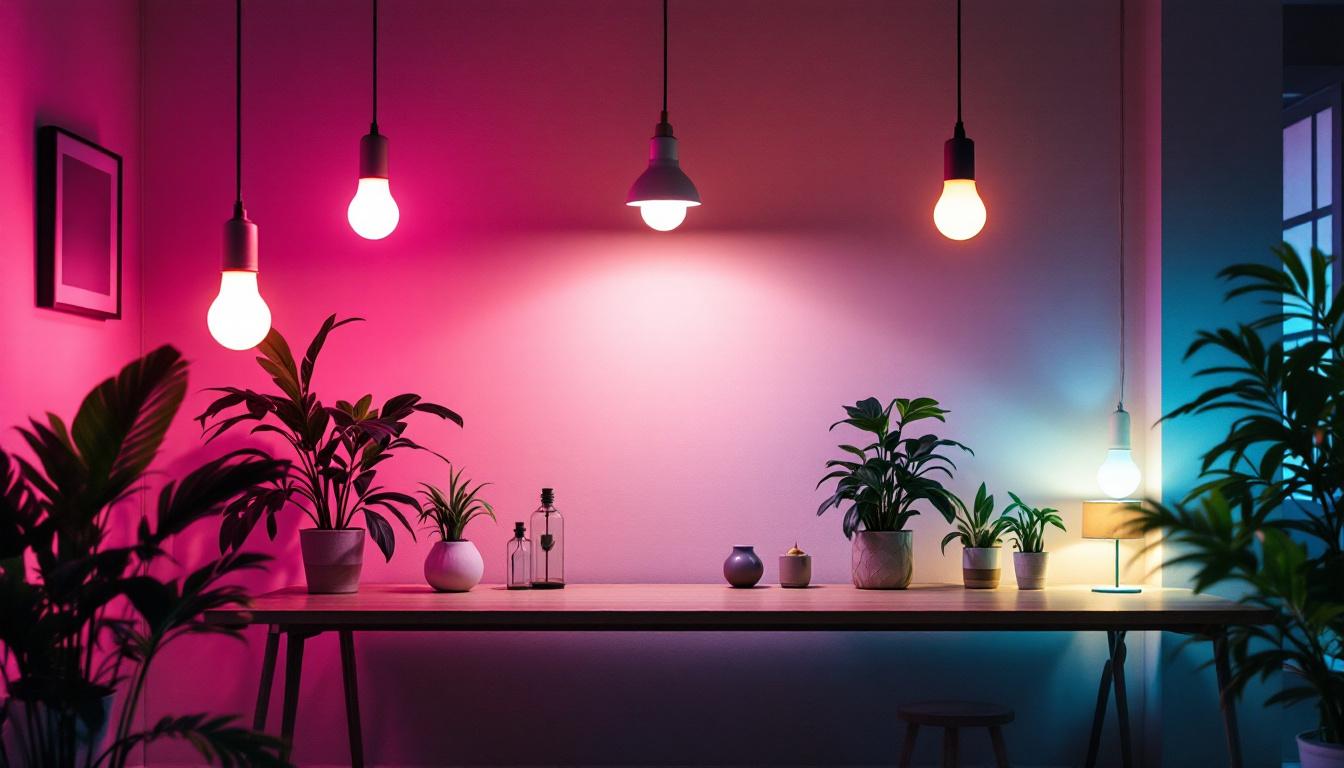 A photograph of a well-lit interior space showcasing various light bulbs with different color temperatures