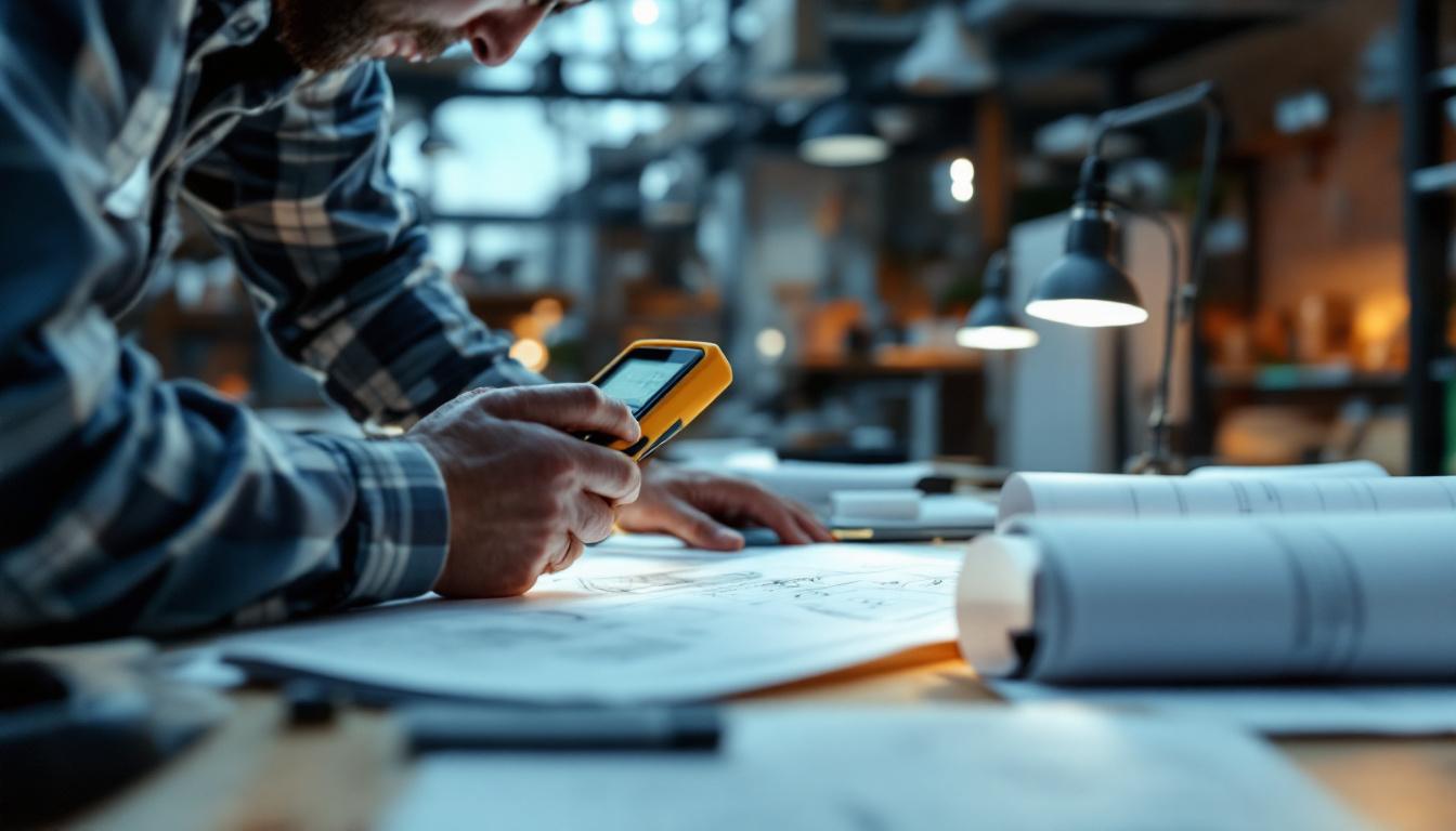 A photograph of a well-lit workspace featuring an electrical engineer measuring footcandles with a light meter