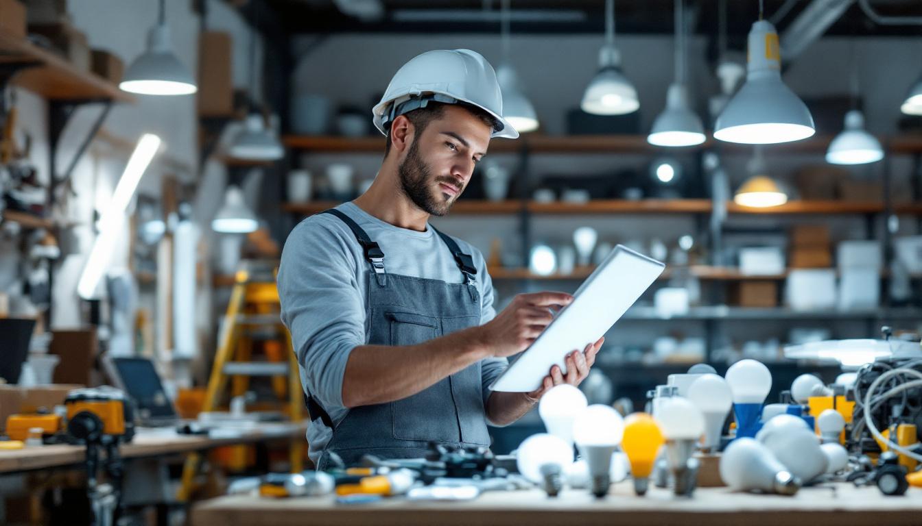 A photograph of a modern electrical engineer examining various led retrofit lighting solutions in a well-lit workspace