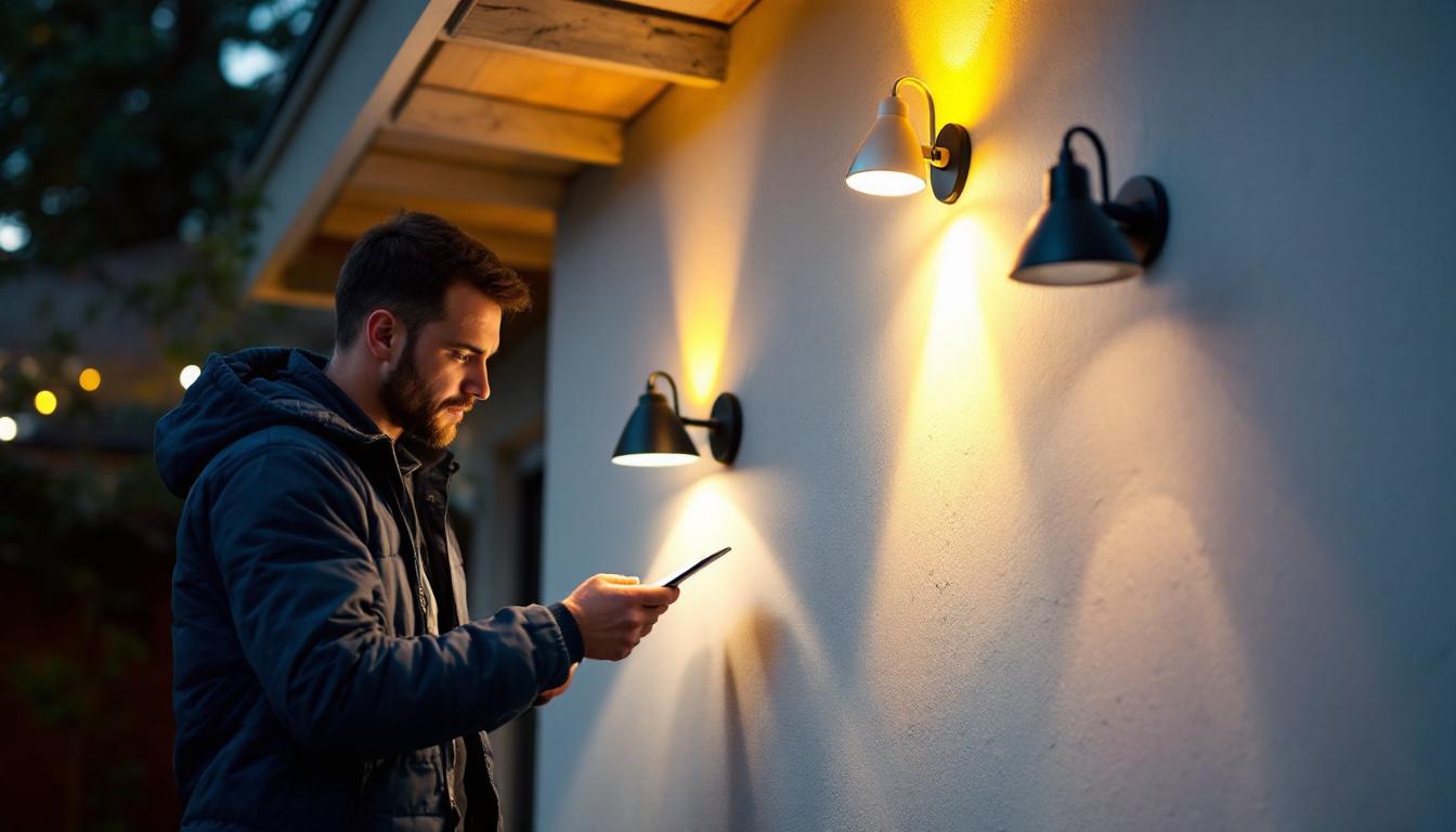 A photograph of a well-lit outdoor space showcasing a variety of stylish outdoor lights