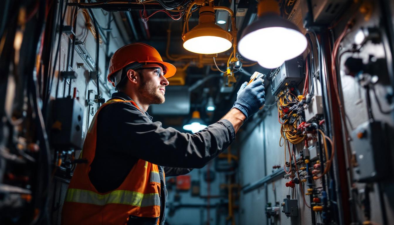 A photograph of a technician inspecting a complex electrical lighting system