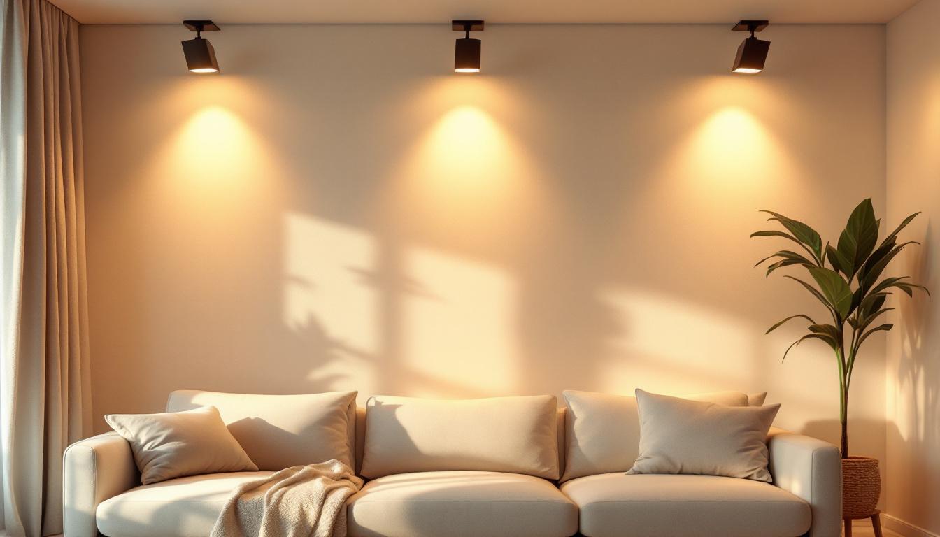 A photograph of a beautifully designed room featuring four square can lights