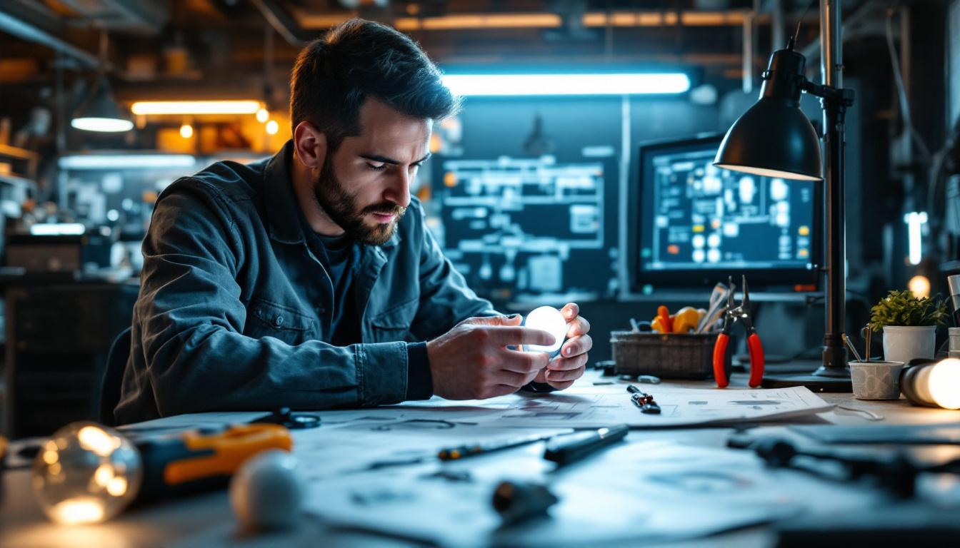 A photograph of a well-lit workspace featuring an electrical engineer examining fluorescent t8 bulbs