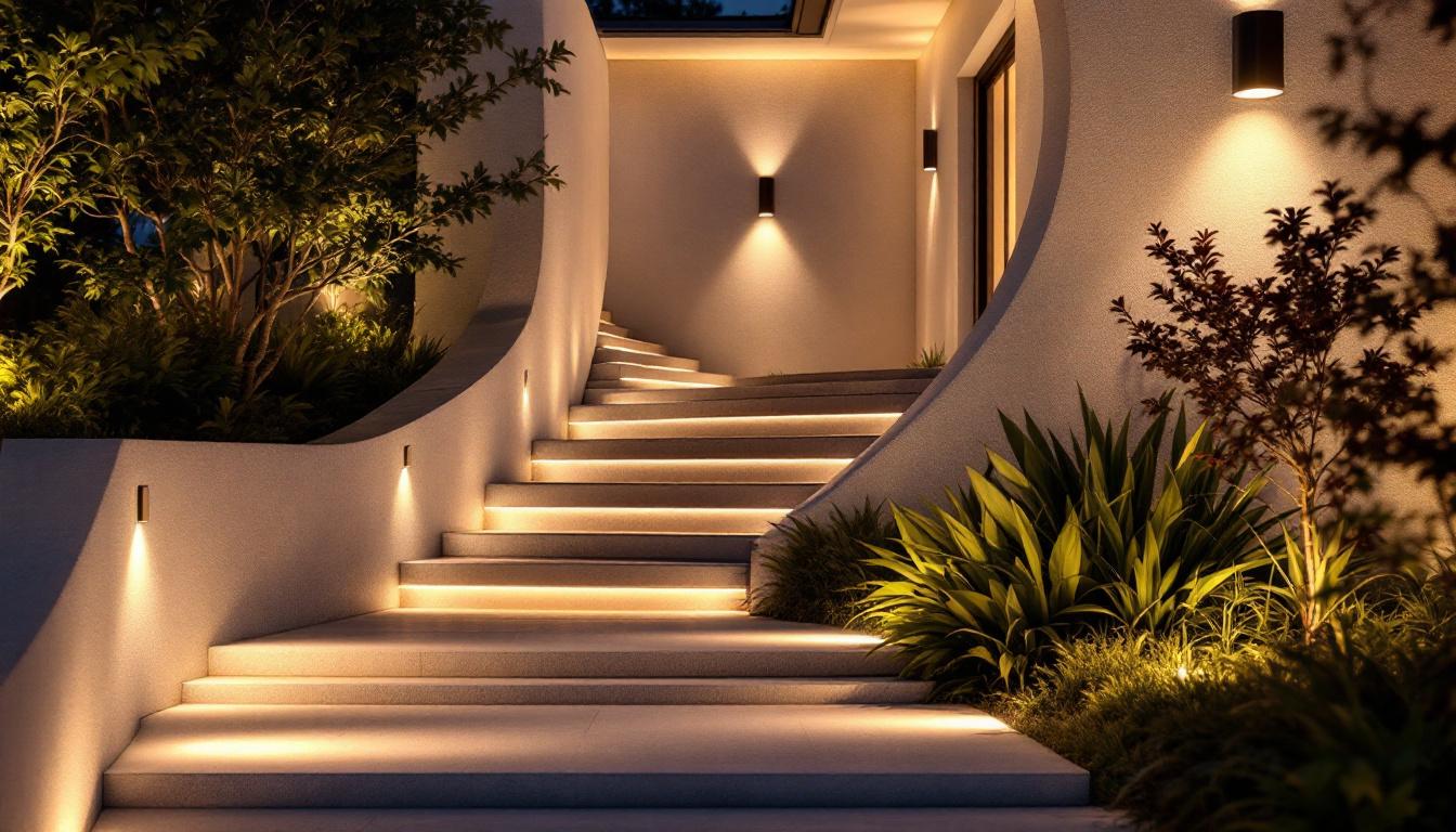 A photograph of a beautifully designed outdoor lighting setup that showcases both upward and downward-facing lights illuminating a garden or architectural feature at dusk