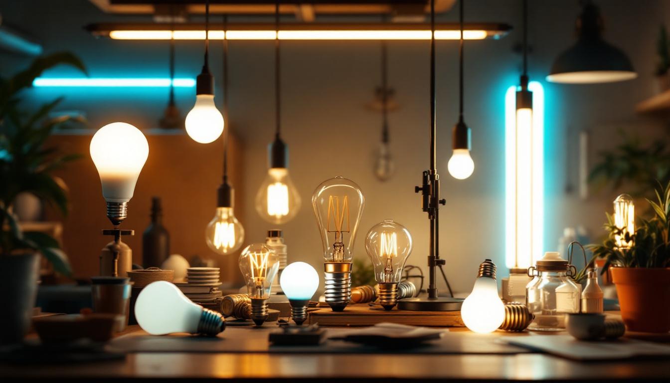 A photograph of a well-lit workspace featuring various types of fluorescent bulbs arranged aesthetically