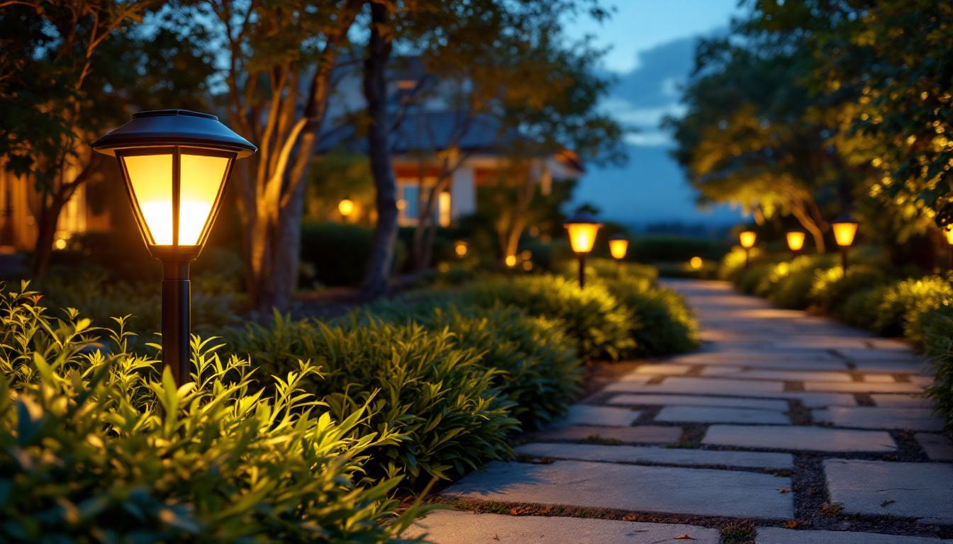 A photograph of a beautifully landscaped outdoor pathway illuminated by several tommy bahama led solar path lights at dusk
