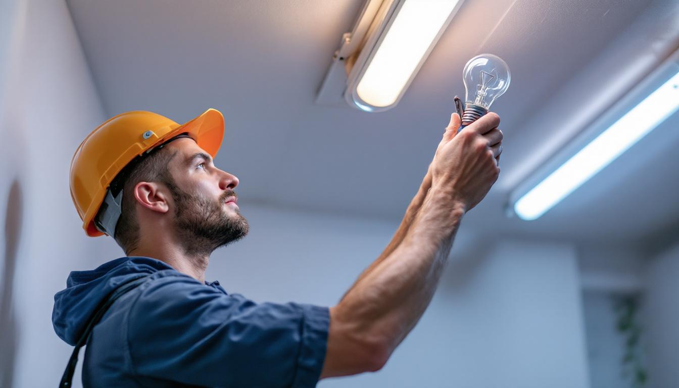 A photograph of a skilled electrician carefully replacing a fluorescent light fixture with a traditional light bulb