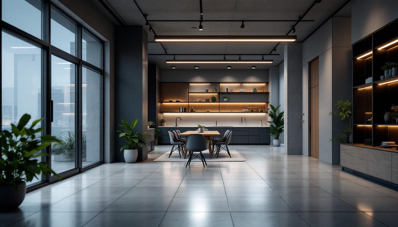 A photograph of a stylish interior space showcasing sleek led track lighting strips illuminating various areas