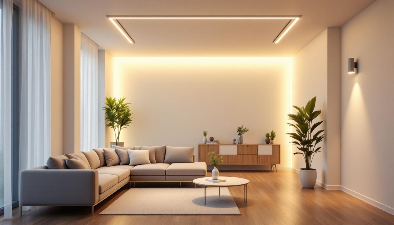 A photograph of a well-lit interior space featuring a 48 led strip installation