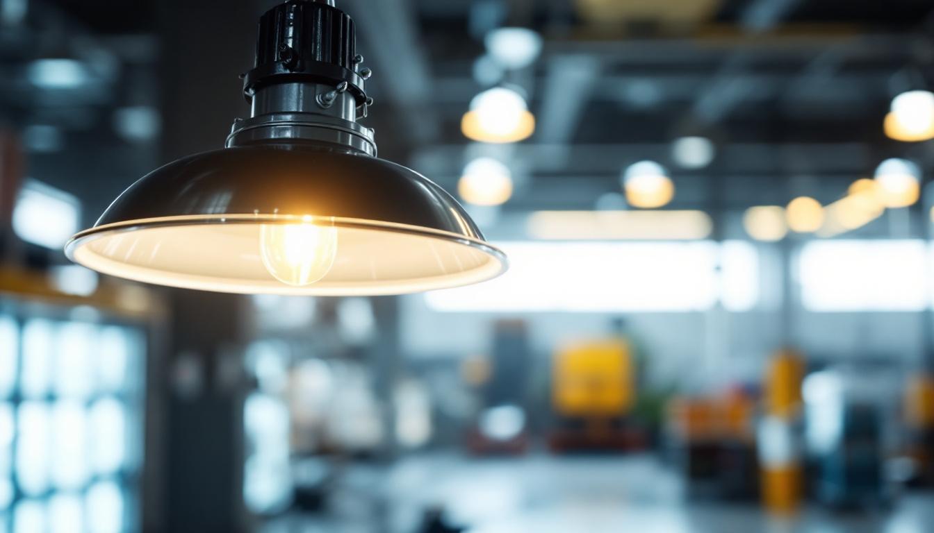 A photograph of a 100-watt metal halide light fixture in a well-lit industrial or commercial setting