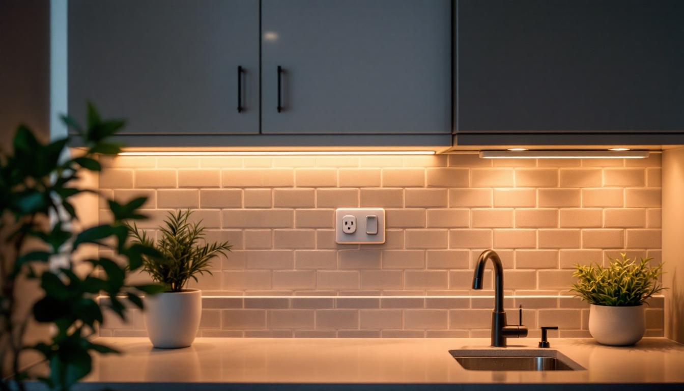 A photograph of a beautifully designed kitchen or cabinet space featuring stylish plug-in cabinet lighting