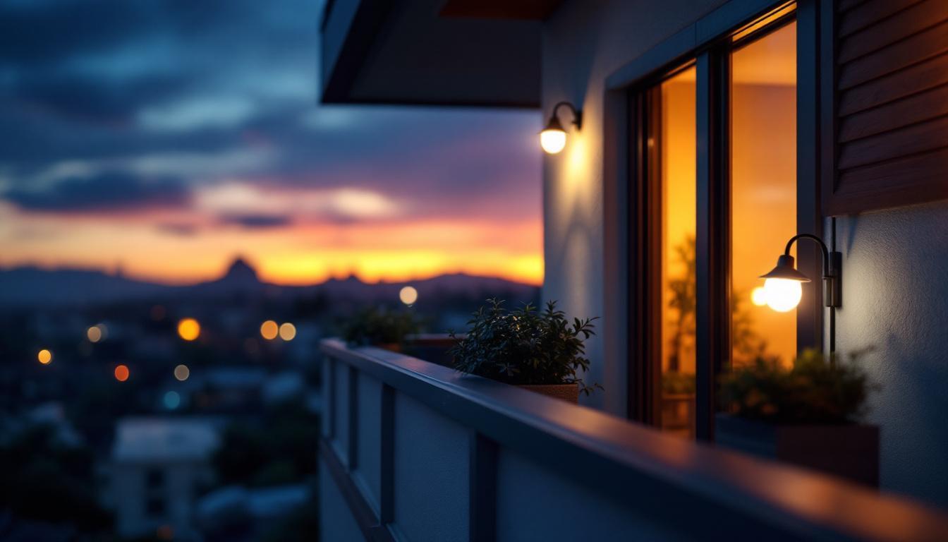 A photograph of a beautifully illuminated balcony at dusk