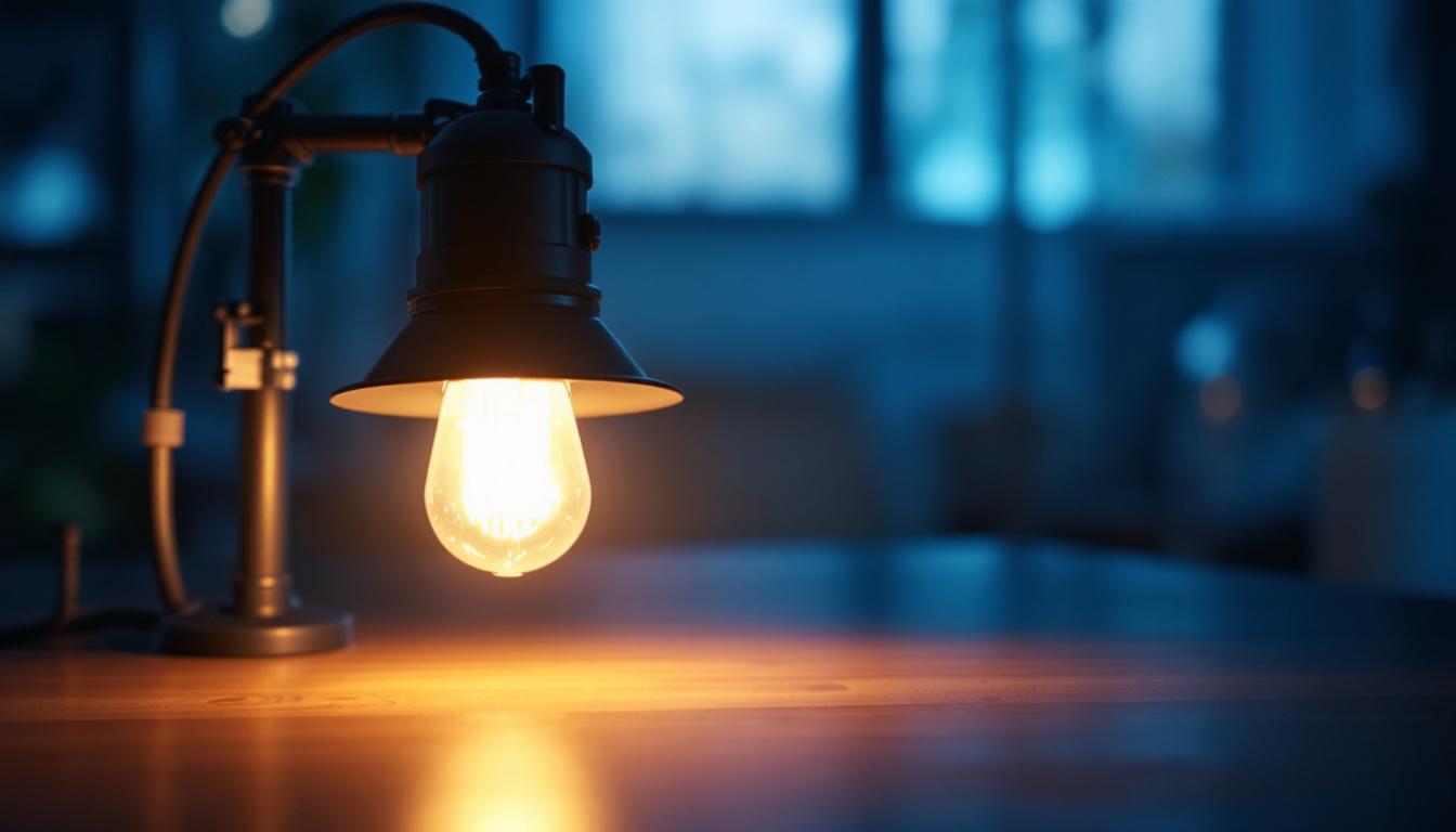 A photograph of a commercial electric lamp in a well-lit environment