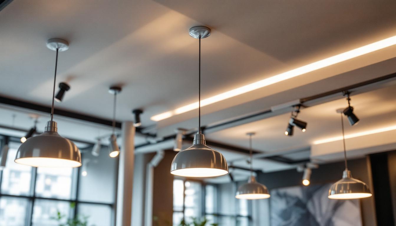 A photograph of a modern suspended ceiling installation featuring sleek can lights