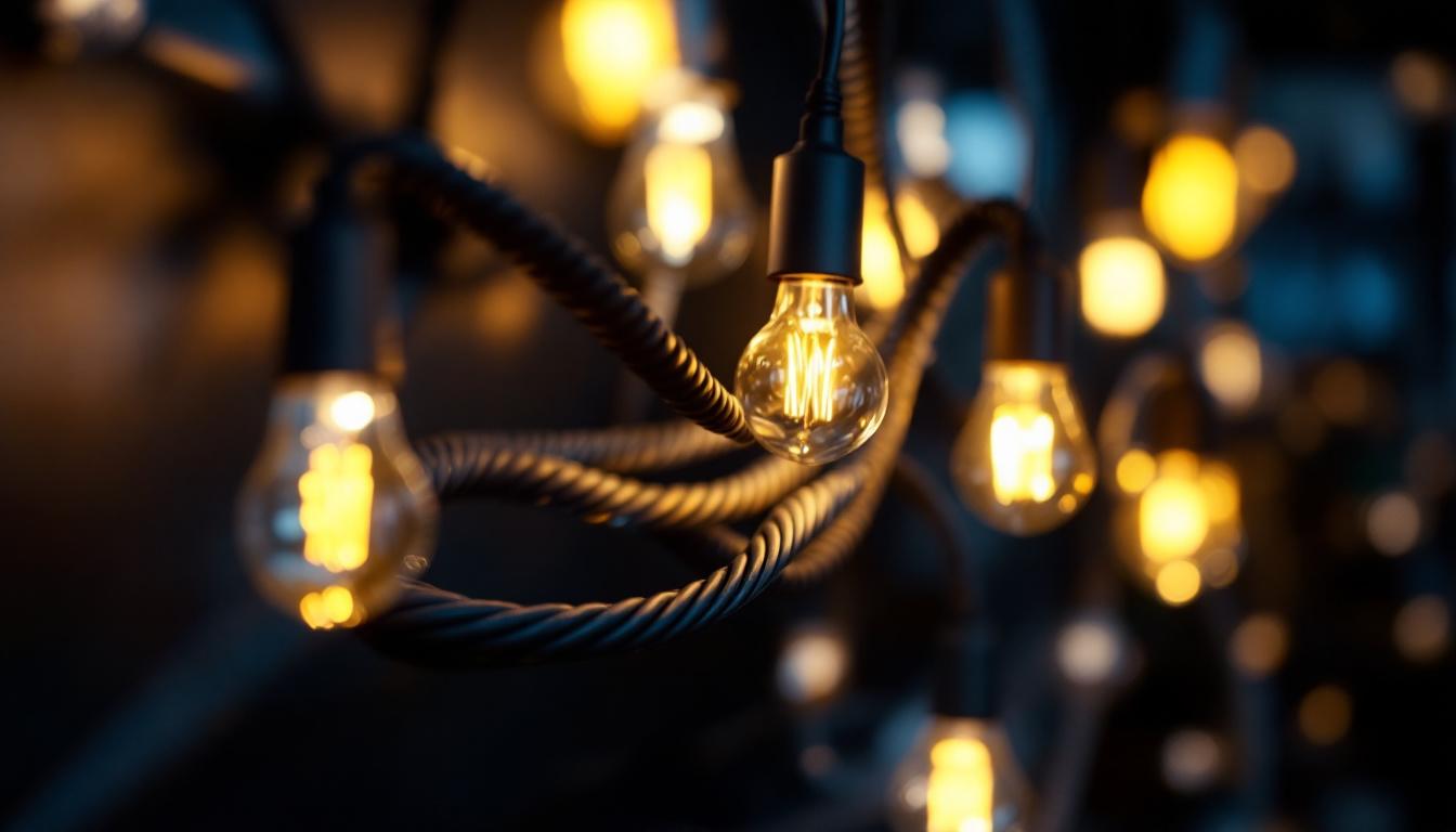 A photograph of a beautifully arranged electrical power cord intertwined with stylish lighting fixtures
