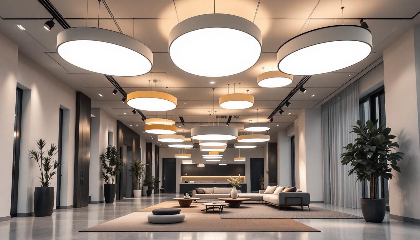 A photograph of a spacious interior featuring a variety of large-scale ceiling light installations