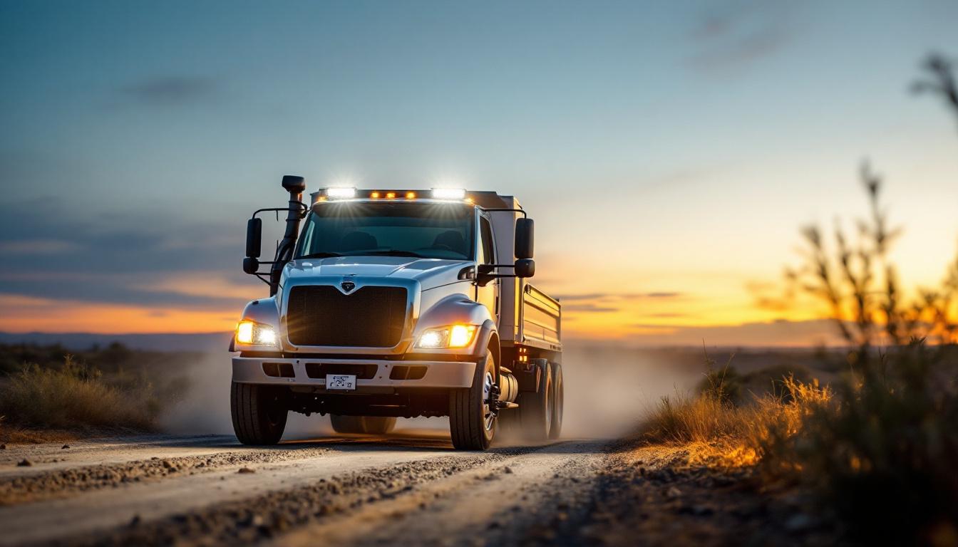 A photograph of a truck equipped with vibrant 4-inch led lights in action at dusk