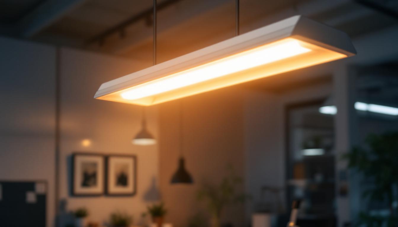 A photograph of a well-lit workspace featuring a 1x4 fluorescent light fixture with a newly installed replacement lens