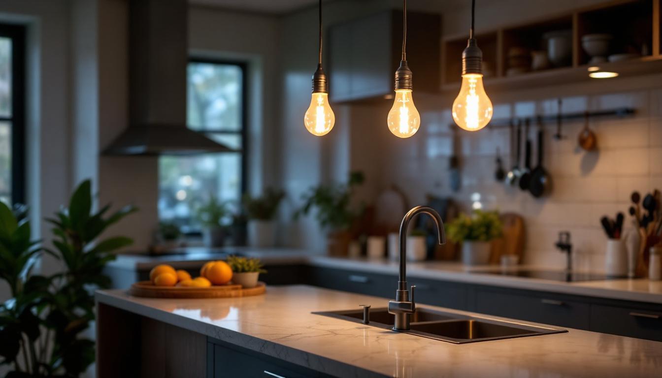A photograph of a modern kitchen featuring stylish led bulb light fixtures